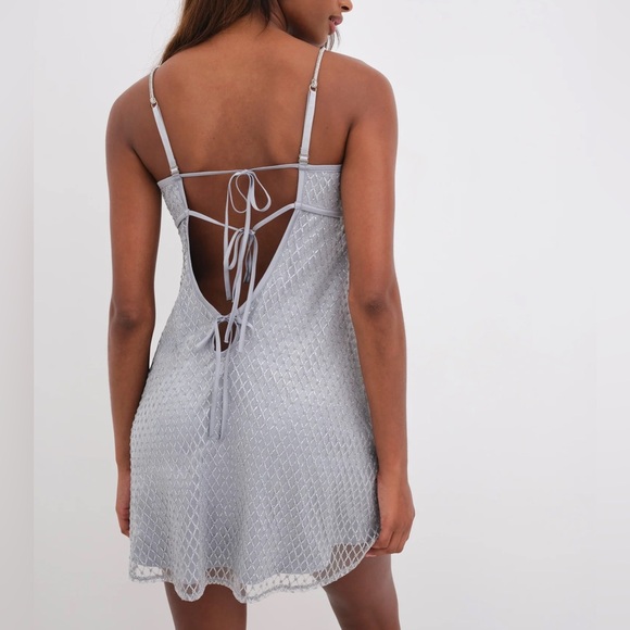 For Love & Lemons Glitter Slip Dress Mini Silver Satin Rhinestone Shiny Size XL - Picture 2 of 10